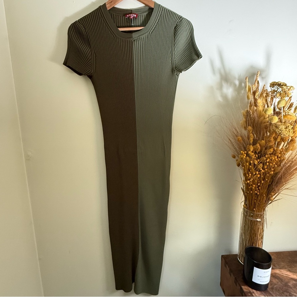 STAUD Two-Tone Green Ribbed Midi Dress